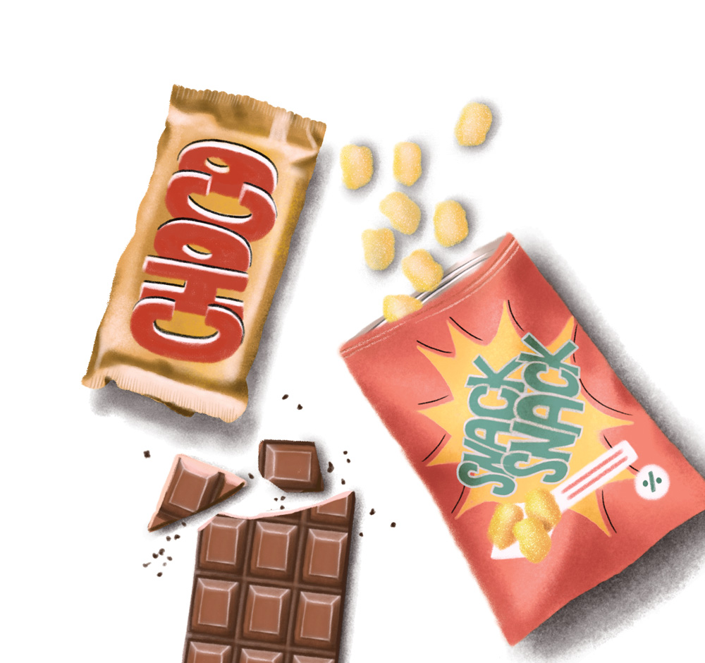 CAPSULA DO TEMPO_ILUSTRA5 guloseimas Uma embalagem de chocolate, uma de salgados e um chocolate em barra partido