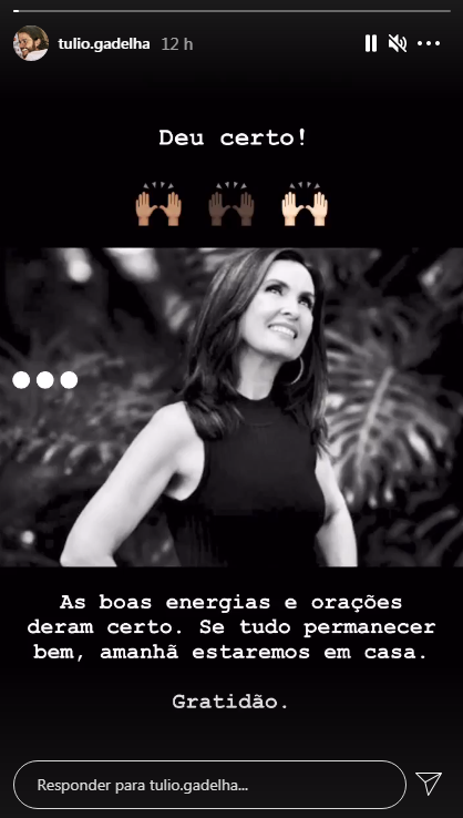 Fatima Bernardes Tulio Gadelha post Post: Túlio agradece as energias positivas
