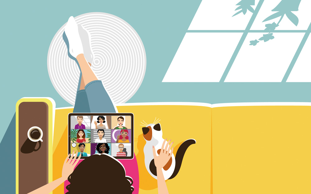 Ilustração: uma mulher com um notebook com várias pessoas conectadas em uma chamada por vídeo. Do seu lado, um gato, o qual faz carinho com a mão direita