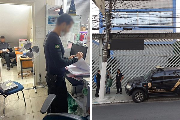 Montagem exibe agentes da polícia federal que atuaram na Operação Daycare revirando documentos e em frente a um endereço