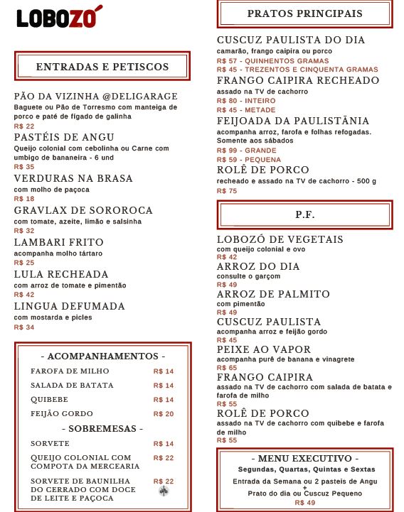 Cardápio do Lobozó Cardápio do Lobozó