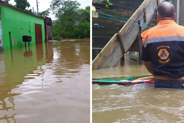Imagens mostram rua alugada na região central de Ubatuba, no litoral paulista, após fortes chuvas no início de 2021