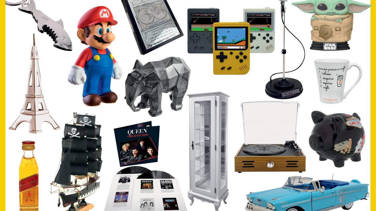 antiguidades, objetos retrô com toque moderno e bonecos do mundo geek: itens de colecionador