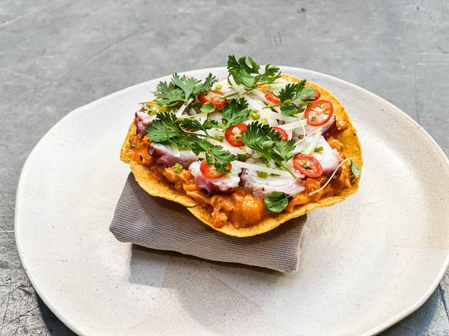 Tostada campechana: polvo, peixe e abacate Tostada campechana: polvo, peixe e abacate
