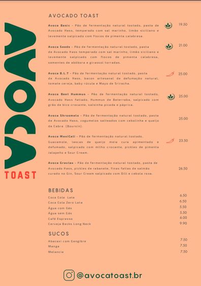 Cardápio – Avoca Toast Cardapio - Avoca Toast