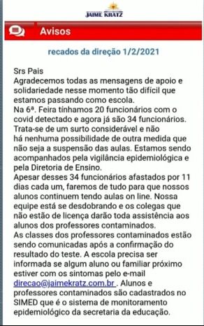 Escola suspende aulas após surto de Covid-19 Escola suspende aulas após surto de Covid-19
