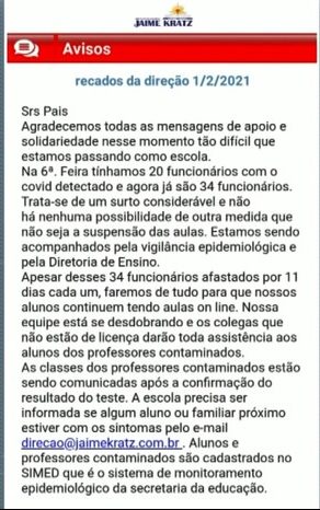 Escola suspende aulas após surto de Covid-19