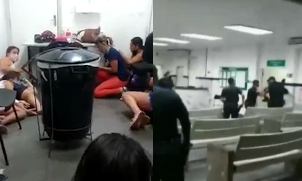 Montagem com imagens do dia em que um Guarda Civil Municipal agrediu paciente em UPA Praia Grande