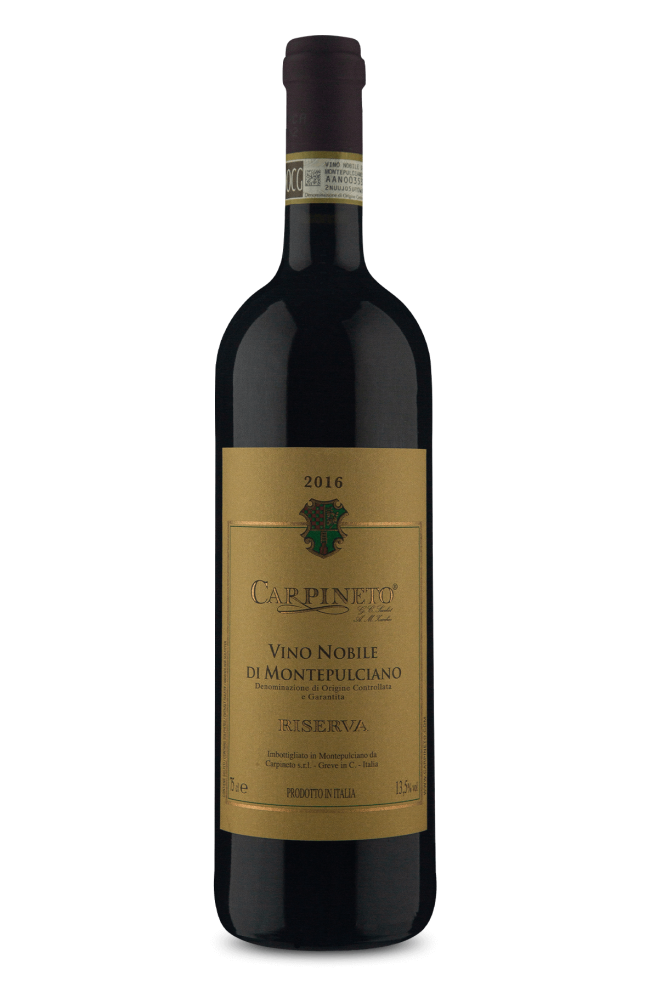 garrafa do vinho tinto italiano Carpineto Riserva D.O.C.G. Vino Nobile di Montepulciano. Garrafa preta com rótulo bege com as descrições do vinho e brasão da vinícola na porção superior