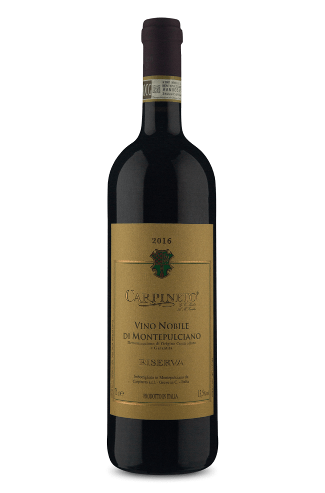Carpineto Riserva D.O.C.G. Vino Nobile di Montepulciano garrafa do vinho tinto italiano Carpineto Riserva D.O.C.G. Vino Nobile di Montepulciano. Garrafa preta com rótulo bege com as descrições do vinho e brasão da vinícola na porção superior