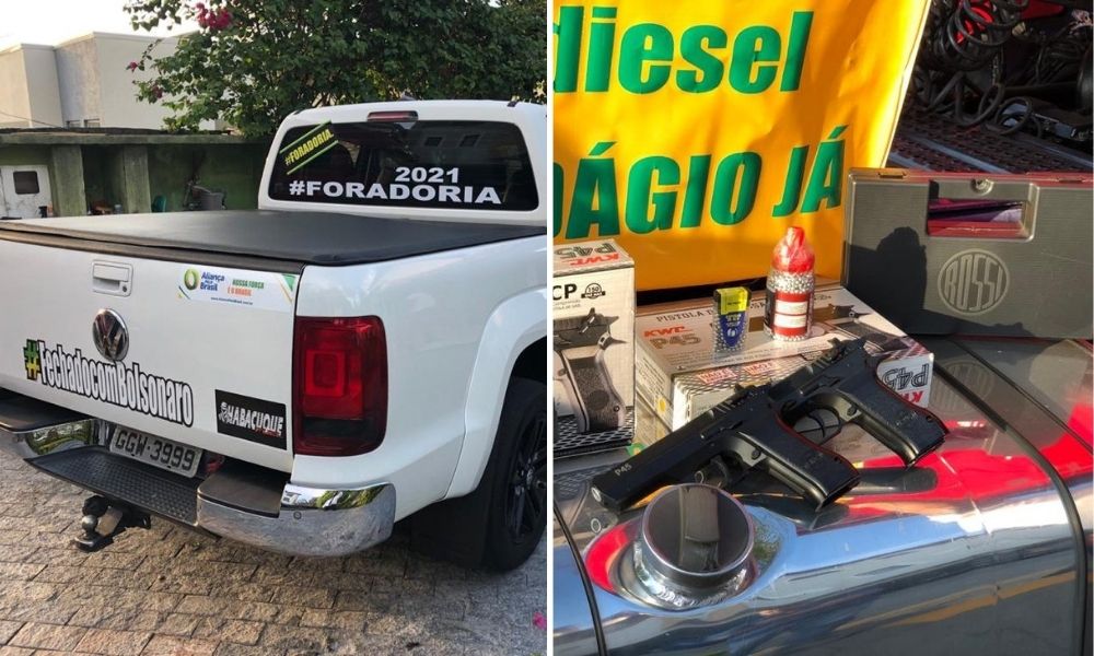 Foto de veículo adesivado com #FechadoComBolsonaro e armas de pressão