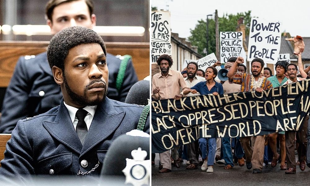 Montagem de duas imagens. À esquerda, John Boyeg, sentado em um banco de madeira. Há outras pessoas sentadas em volta, usando o mesmo terno que ele. À direita, O protesto dos negros em 1968, carregando faixas e cartazes com palavras em protesto a opressão contra os negros