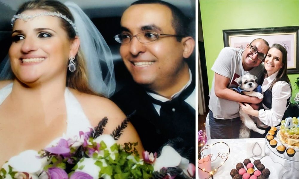 Vitor Erika Nosso Louco AMOR Na imagem esquerda, Erica está com um véu de casamento, um buquê de flores e do lado está Vitor, vestido de terno, uma imagem do dorso para cima dos dois, ambos sorrindo. À direita, Erika e Vitor estão sorrindo em uma sala de estar, com Vitor segurando um cachorro no colo. Na mesa na frente dos dois, há um bolo com velas no formato de 4 e 1.