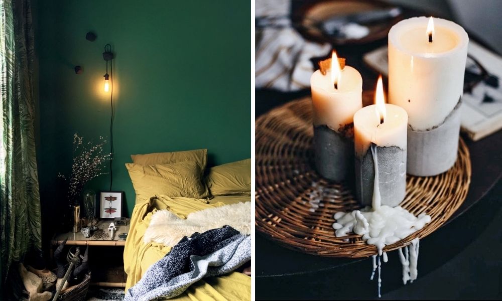 À esquerda, pintura verde na parede de um quarto, à direita, velas com concreto na metade