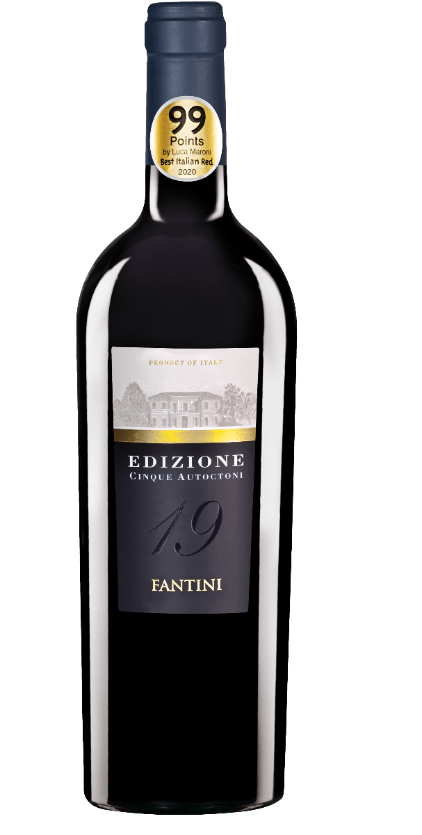 Edizione Cinque Autoctoni garrafa do vinho tinto Edizione Cinque Autoctoni. Garrafa preta com rótulo com foto preto e branco da vinícola produtora sobre linha dourada
