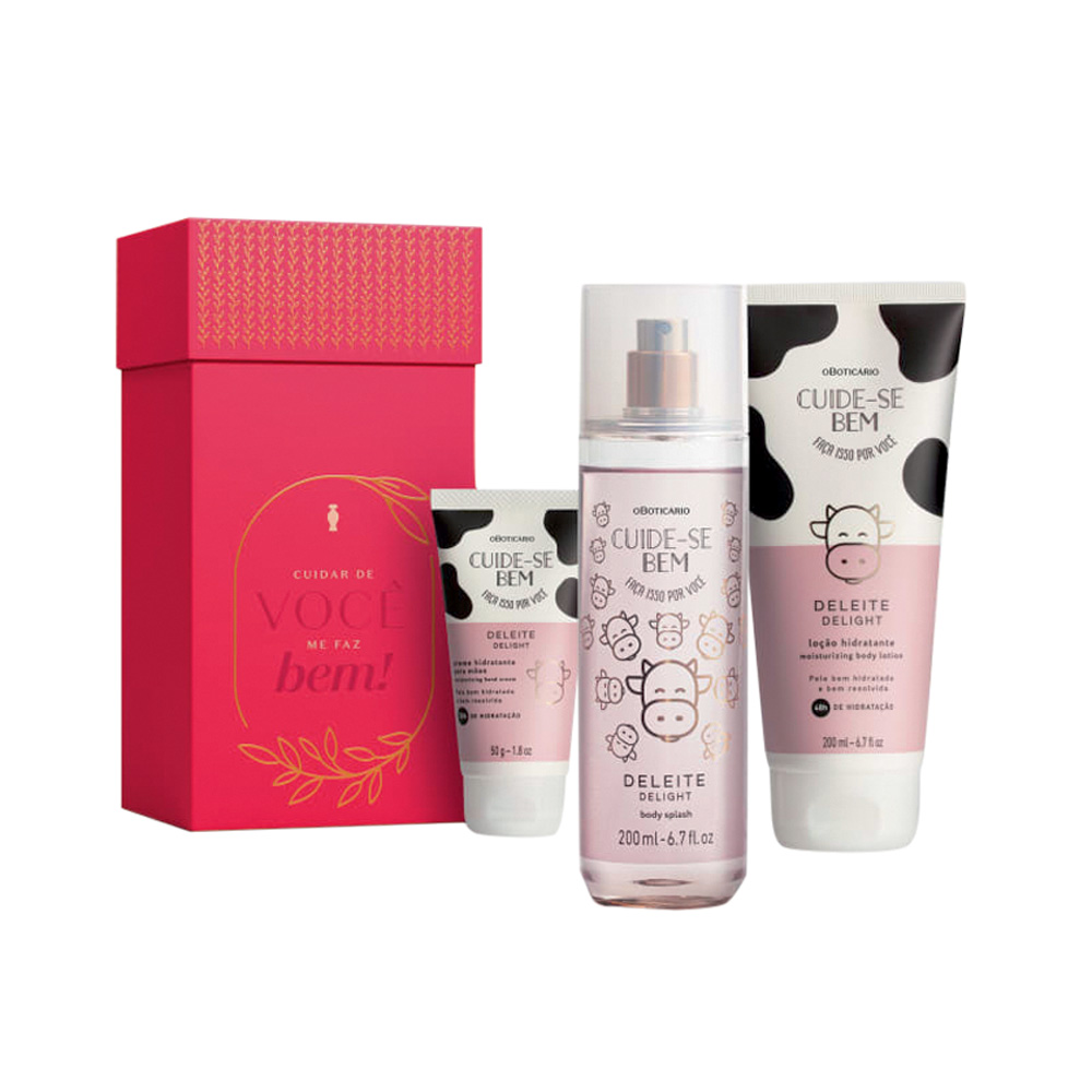 Montagem com caixa rosa para presente e lo&ccedil;&atilde;o hidratante, body splash e creme de m&atilde;os com estampa de vaca