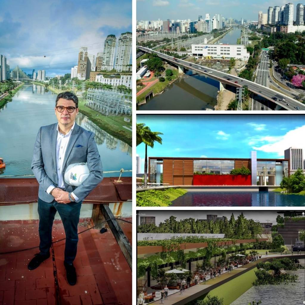 nagib margens rio pinheiros restaurante Montagem com quatro imagens. À esquerda, Nagib está de pé em uma ponte com capacete debaixo do braço e o Rio Pinheiros ao fundo.