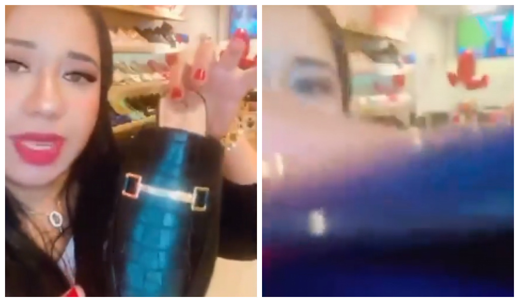 Duas fotos. Da esquerda, uma mulher mostra um sapato em uma live. Da direita, mostra o momento em que o assaltante levou o celular que ela usava para fazer a live