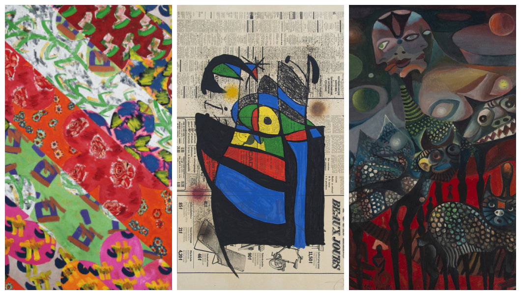 Quadro dividido em três partes, com detalhes de obras dos artistas Beatriz Milhazes, Miró e Di Cavalcanti (esq. para dir.): trabalhos serão leiloados hoje (18)
