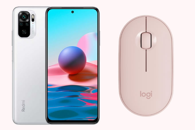 Smartphone Xiaomi Redmi Note 10 e Mouse mini sem fio, Logitech M350.