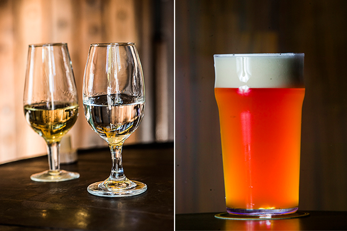 Na imagem é mostrado uma montagem com duas fotos. A primeira é uma imagem com duas cachaças em taças de vidro e a segunda, um copo com cerveja ipa