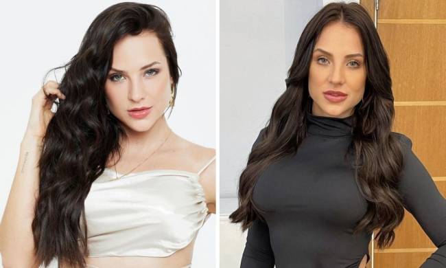 Gabi Martins ANtes e Depois A imagem apresenta duas fotos de Gabi Martins. As duas são retratos da parte superior do seu corpo, só que na foto direita seu rosto aparece com traços mais marcantes no queixo