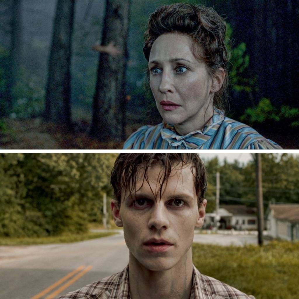 Invocação do mal 3 atores A imagem mostra Ruari O’Connor e Vera Farmiga com expressões tensas durante o filme Invocação do Mal 3