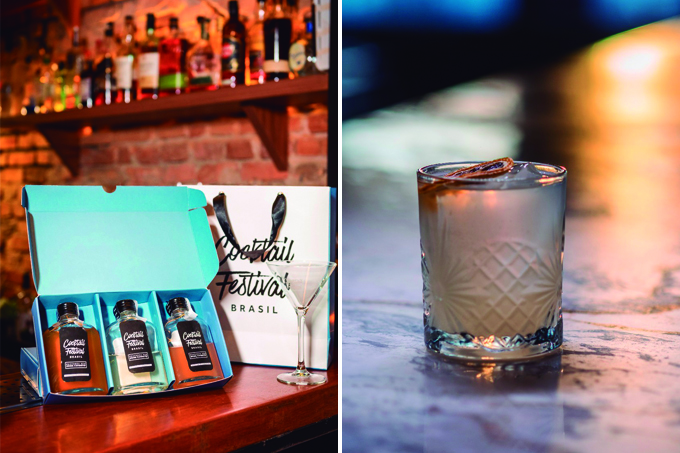 Duas fotos unidas verticalmente por linha branca. À esquerda kit do Cocktail Festival aberto sobre balcão de bar com três garrafinhas dentro ao lado de sacola do festival e taça de martíni. À direita, copo sobre balcão com drinque de cor clara e limão seco sobre gelo.
