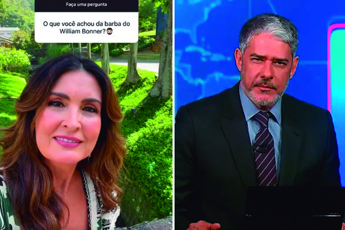 Imagens verticais unidas por linha branca ao centro. À esquerda a apresentadora Fátima Bernardes num jardim respondendo perguntas do Instagram. À direita, o jornalista William Bonner de barba na bancada do Jornal Nacional.