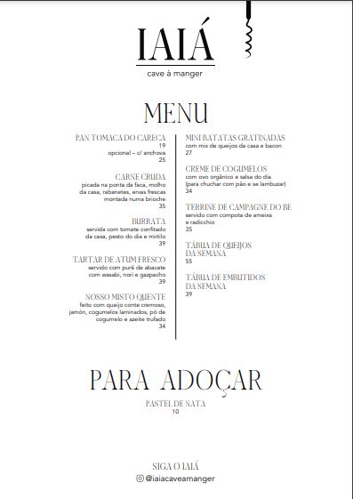 Iaiá Cave à Manger – Cardápio Print do cardápio do bar Iaiá Cave à Manger.