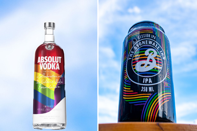 Foto dividida verticalmente com linha branca. À esquerda garrafa da Absolut Vodka Rainbow, com bandeira em homenagem ao mês LGBTQI+, em fundo de céu azul. À direita, lata preta da cerveja The Stonewall Inn IPA, com linhas coloridas que remetem à mesma bandeira, em fundo de céu azul.
