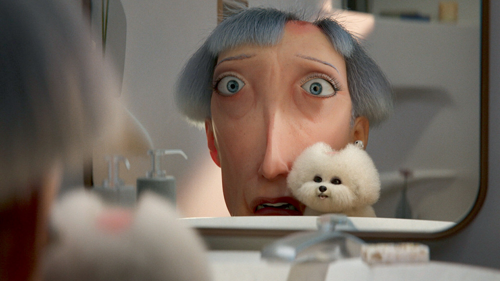 lovedeathrobots_divulgacao.jpg A imagem da animação mostra uma senhora com expressão de assustada olhando para o espelho com um poodle ao seu lado.