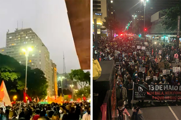 Montagem mostra Avenida Paulista, na altura do MASP, com manifestantes