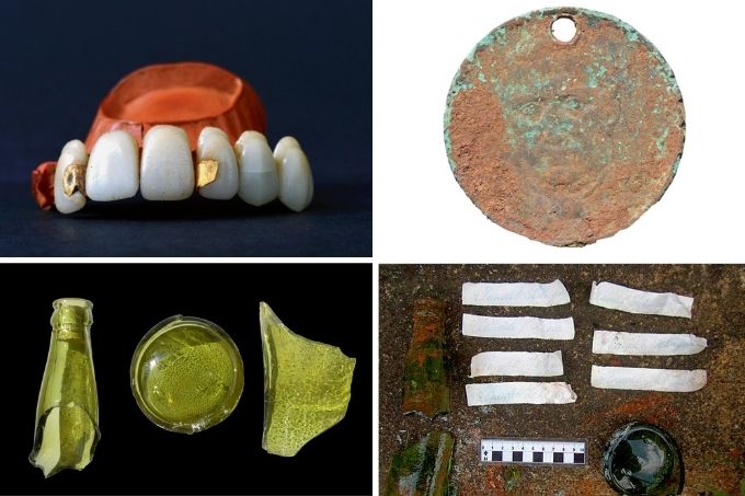 Achados e perdidos Museu do Ipiranga A montagem mostra imagem de quatro itens coletados: a dentadura, com dois pedaços de ouro entre os dentes, a moeda, uma garrafa quebrada e sete tiras de papéis deitada numa tábua.