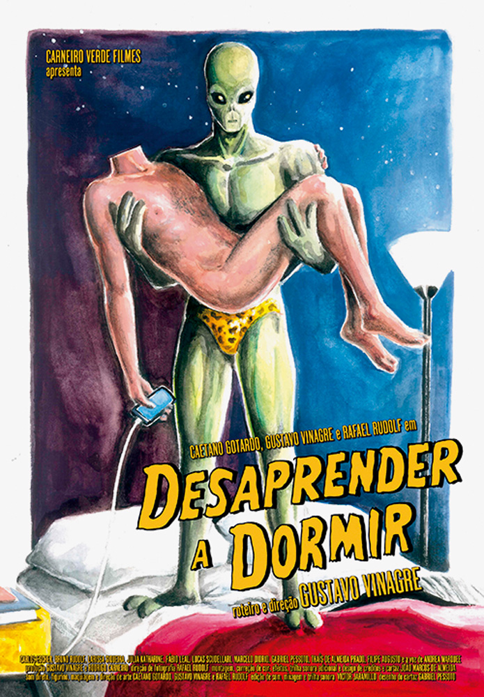 cinema-temas-lgbt-Desaprender-a-Dormir.jpg poster do filme desaprender a dormir, em que um álien de sunga está de pé em uma cama segurando um corpo humano nú sem cabeça