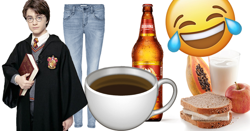 A imagem é uma montagem com elementos cringe, como café, litrão, emoji, calça skinny, entre outros