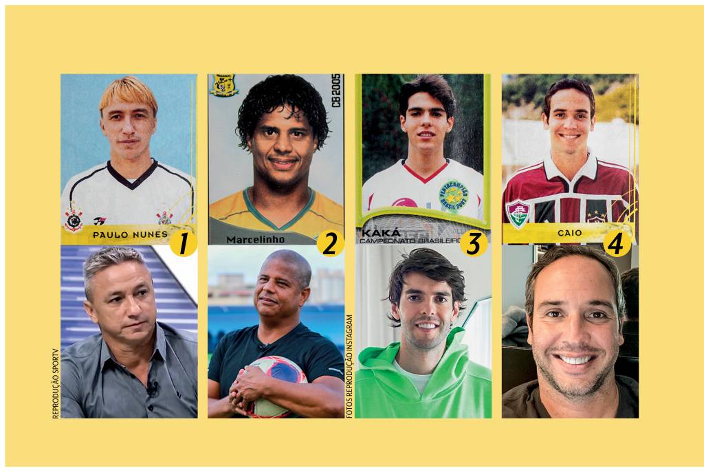 Montagem Figurinhas A imagem da montagem mostra Paulo Nunes, Marcelinho Carioca, Kaká e Caio Ribeiro enquanto ainda eram jogadores em figurinhas de Álvaro. Em baixo dos cromos, retratos deles atualmente, mais velhos.
