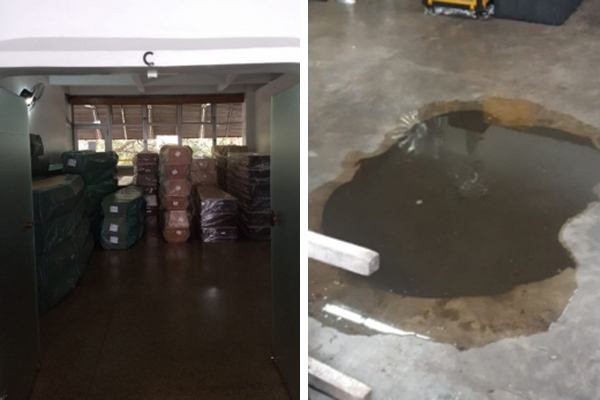 Montagem mostra à esquerda esquerda, caixões armazenados em sala de velório e, à direita, esgoto transbordando de ralo no subsolo
