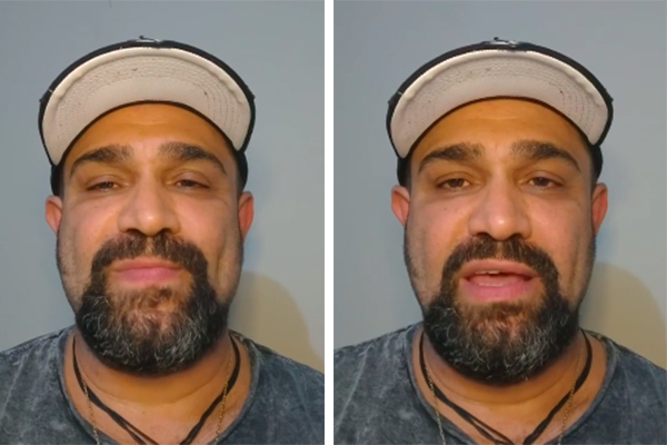 Montagem mostra Evandro em vídeo, usando boné, camiseta e colar