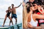 Montagem mostra, á esquerda, Medina e a esposa surfando e, a direita, Medina e Brunet se beijando