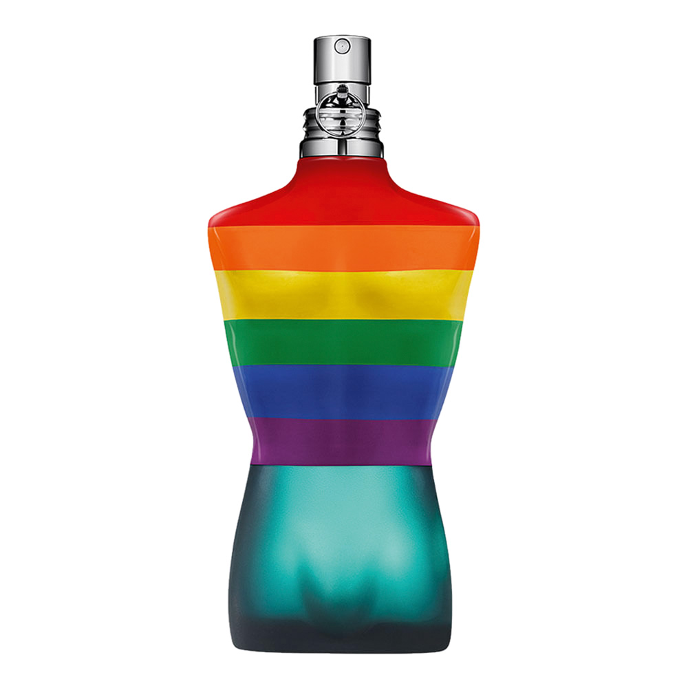 Frasco de perfume &eacute; metade azul e metade com cores da bandeira LGBT