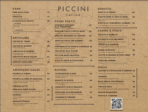 Piccini Cucina Cardápio Print do cardápio do Piccini Cucina.