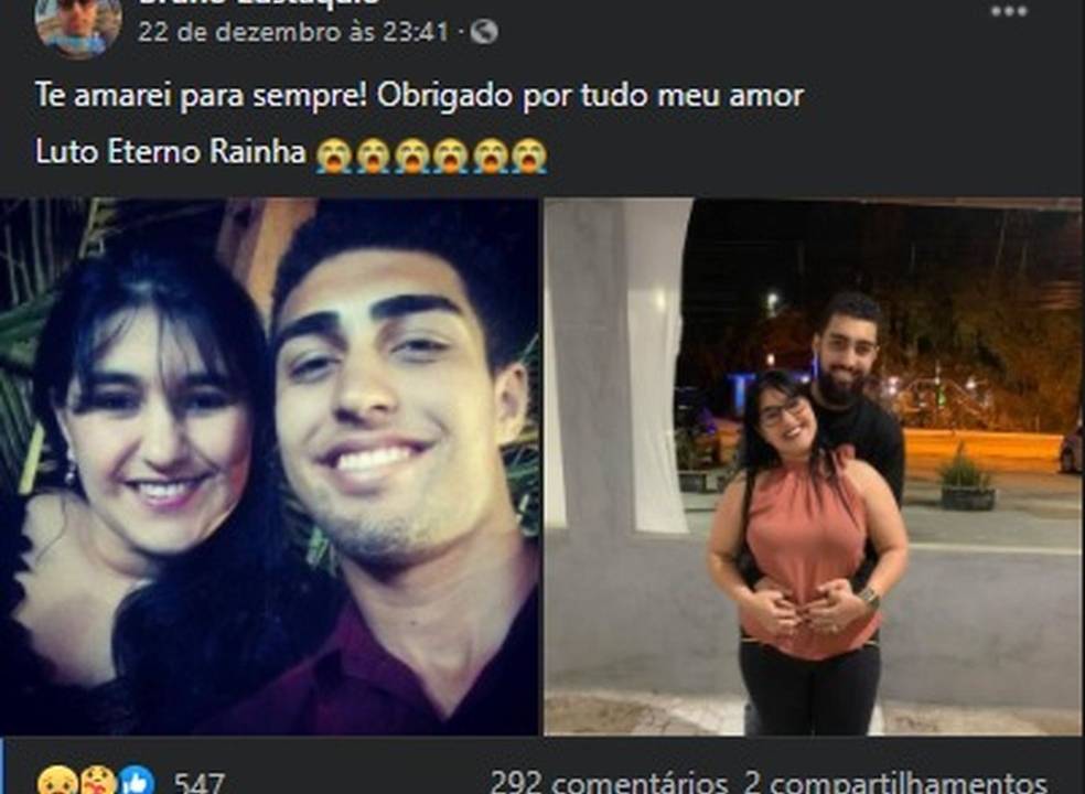 A imagem mostra um post de rede social com fotos de Bruno com a mãe e mensagem de luto