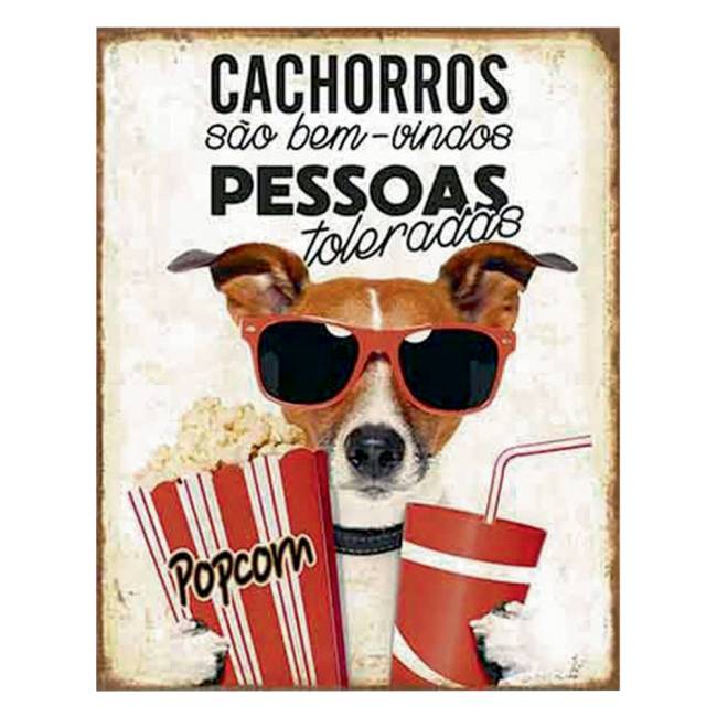 Um quadro de um cachorro de óculos, segurando pipoca e refrigerante com o escrito: 