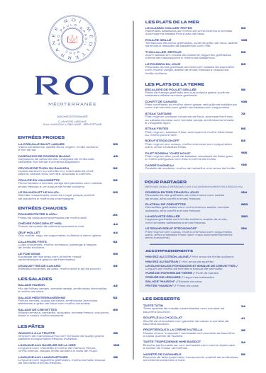 Roi Méditerranée Cardápio Print do cardápio do restaurante Roi Méditerranée.