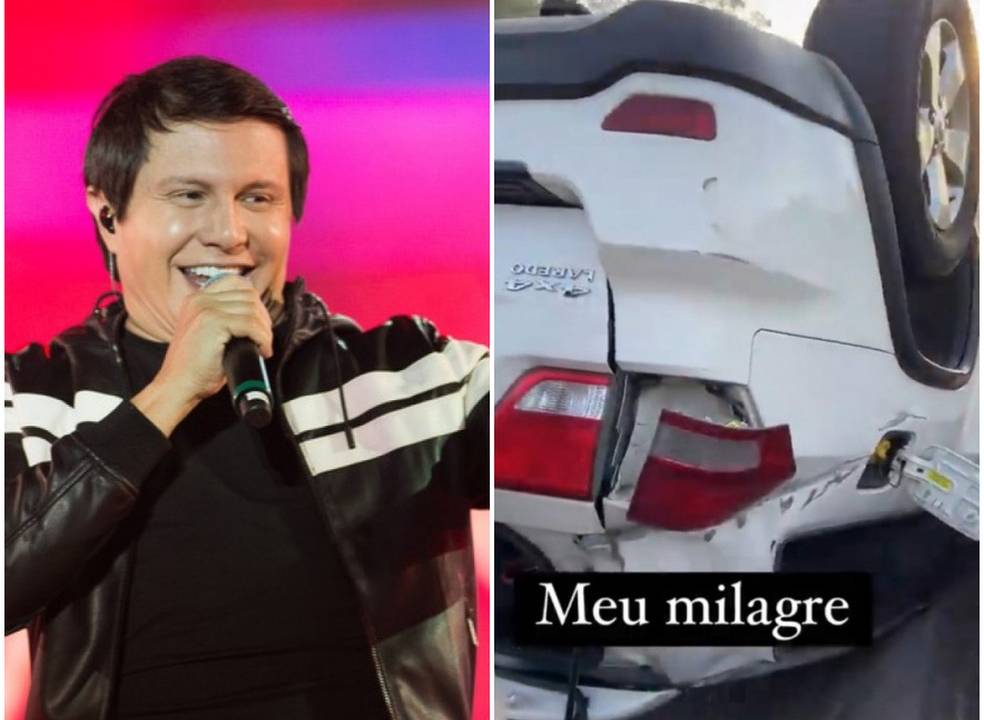 Imagem dupla: à esquerda de Giovanni e à direita, carro capotado