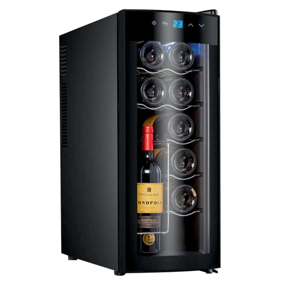 Uma adega eletr&ocirc;nica preta. Por meio do vidro, &eacute; poss&iacute;vel ver algumas garrafas de vinho