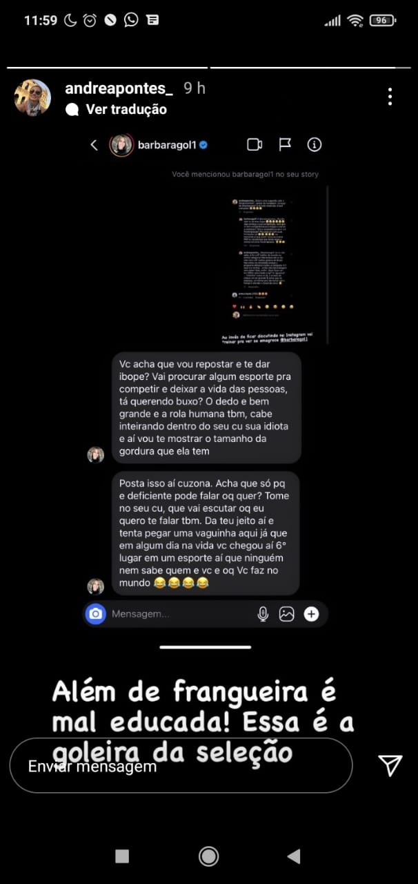 Andrea Pontes Goleira Barbara ofensas instagram 1 A imagem mostra uma mensagem de Barbara para Andrea com xingamentos com palavrões, como vai tomar no c*