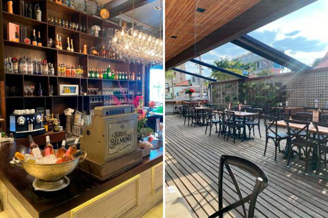 Boteco Belmonte Duas imagens verticais unidas por linha fina branca. À esquerda balcão de bar com caixa registradora antiga e prateleira cheia de garrafas ao fundo. À direita, deque externo com mesinhas do Boteco Belmonte.