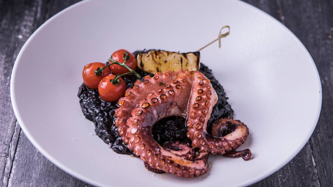 Foto exibe prato branco com polvo com arroz em tinta de lula.